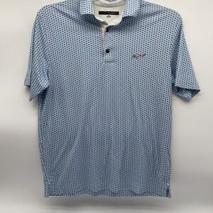 Greg Norman Shark Golf Polo Mens M Blue Geometric Print Performance Preppy Golf